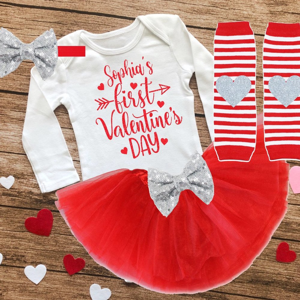 1st valentines day outfit, baby girl valentines day tutu set, girls first